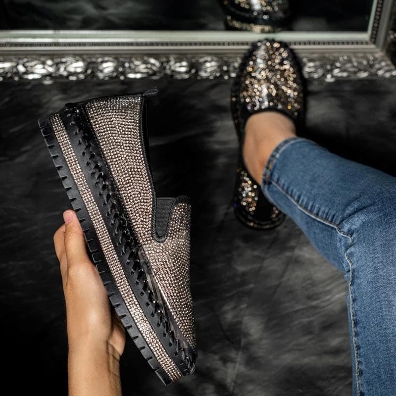 Chaussures Slip-on Femme Plateforme à Strass Noir / 35